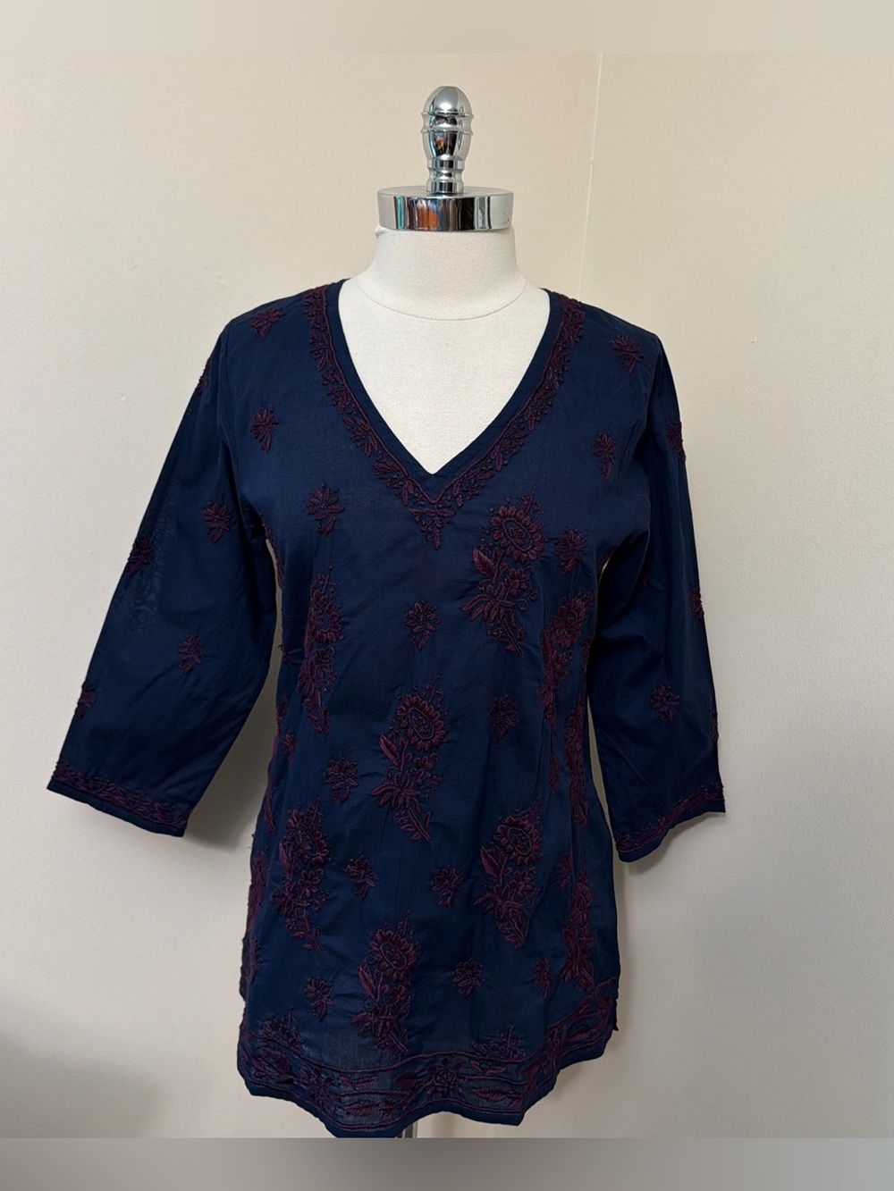 Novica Navy Blue Floral Embroidered in Burgundy Cotton Tunic Top M